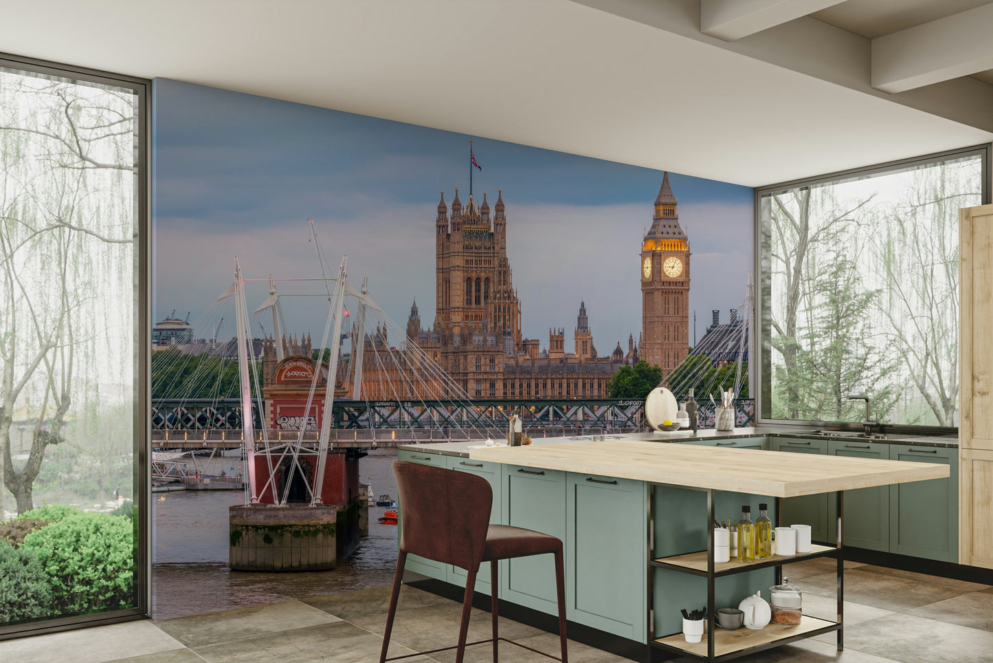 A living room featuring the iconic London wall mural.


