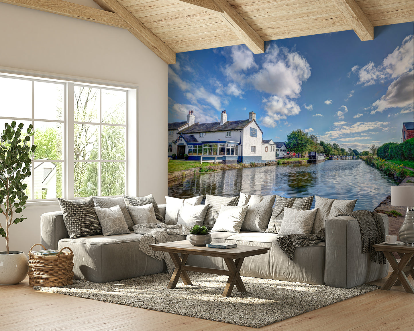 A living room featuring the canalside dining wall mural.

