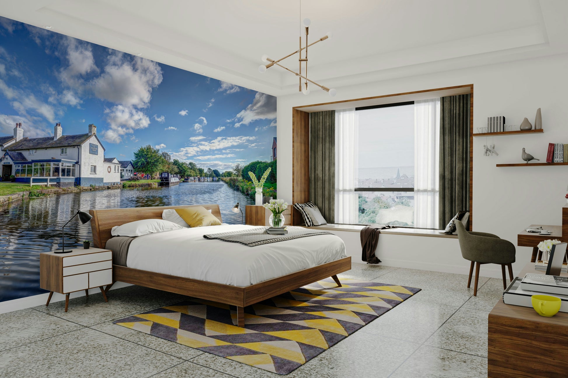 A high-angle view of the wall mural in a large space.

