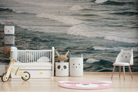 A minimalist home office with the abstract wave wallpaper.

