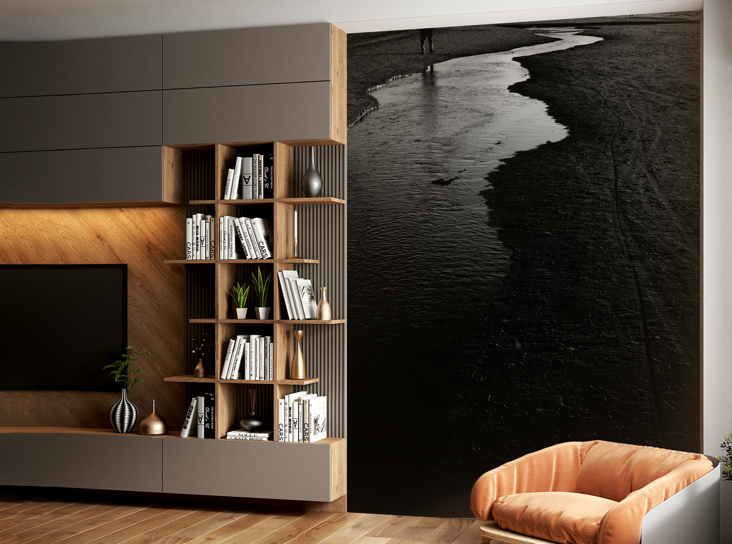 A high-angle view of the wall mural in a large space.

