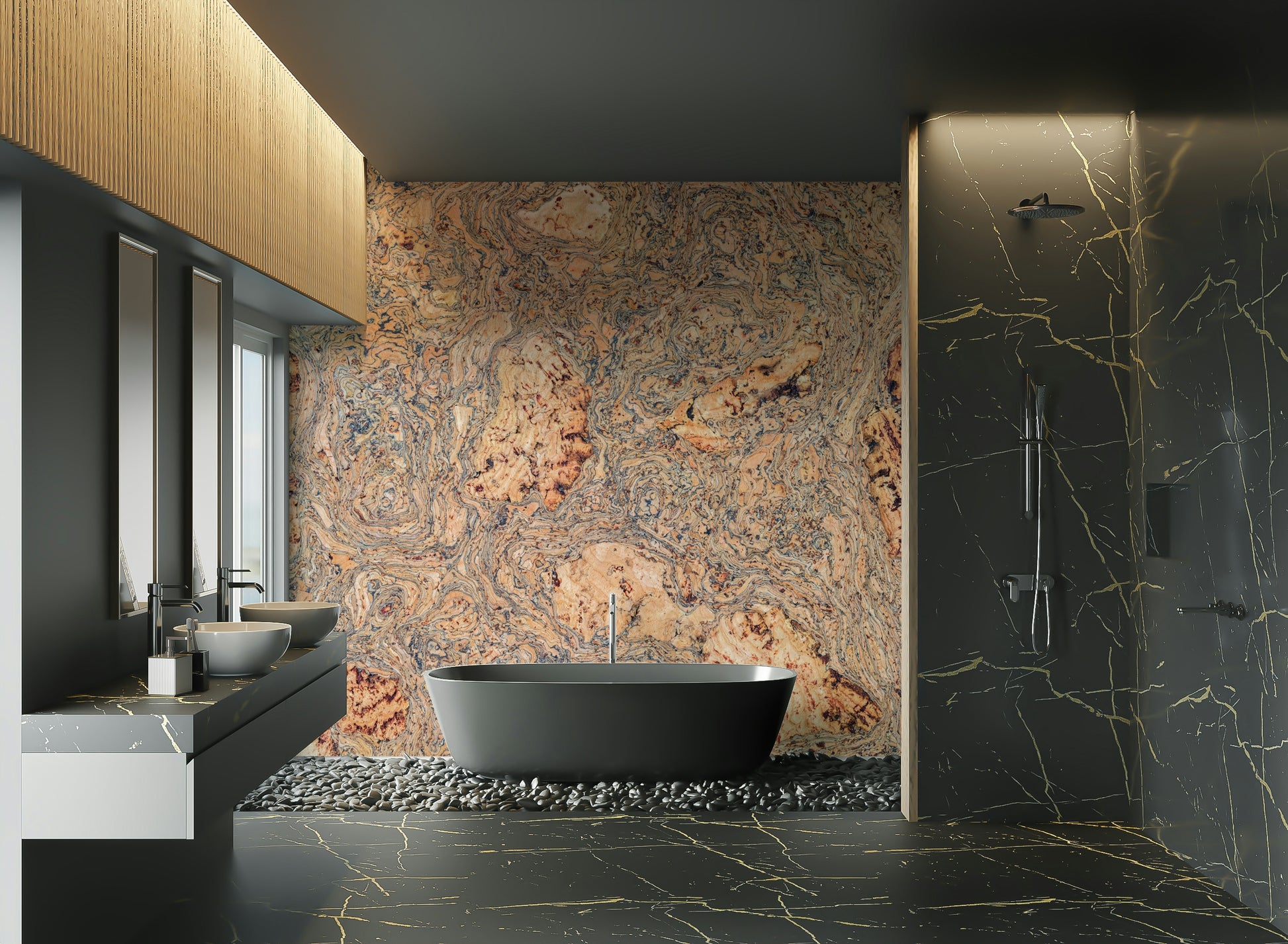 A beautiful, textured wall mural of swirling natural bark.