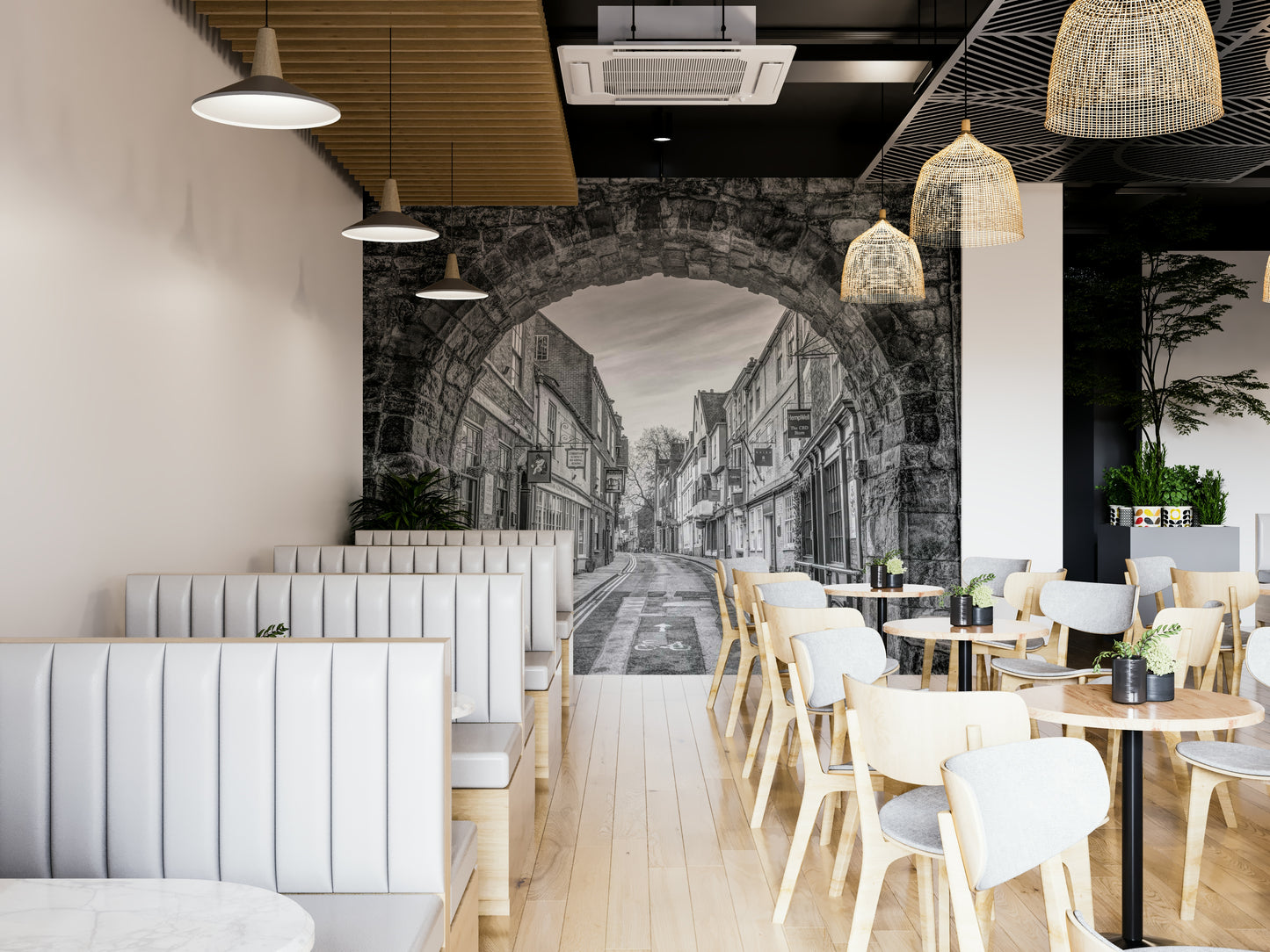 A minimalist interior with the archway wallpaper.