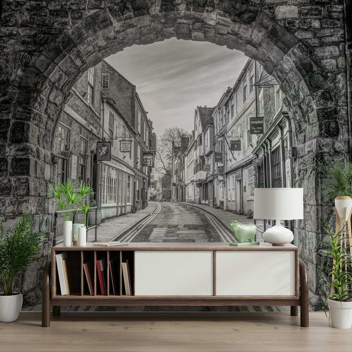 A high-angle view of the wall mural in a large space.