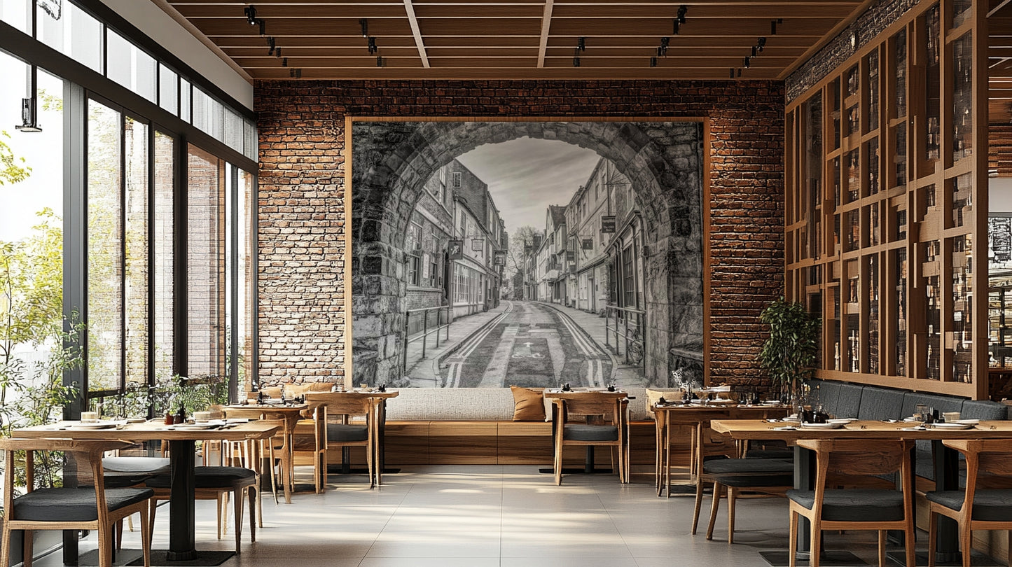 The peel and stick wallpaper showing realistic stone textures.