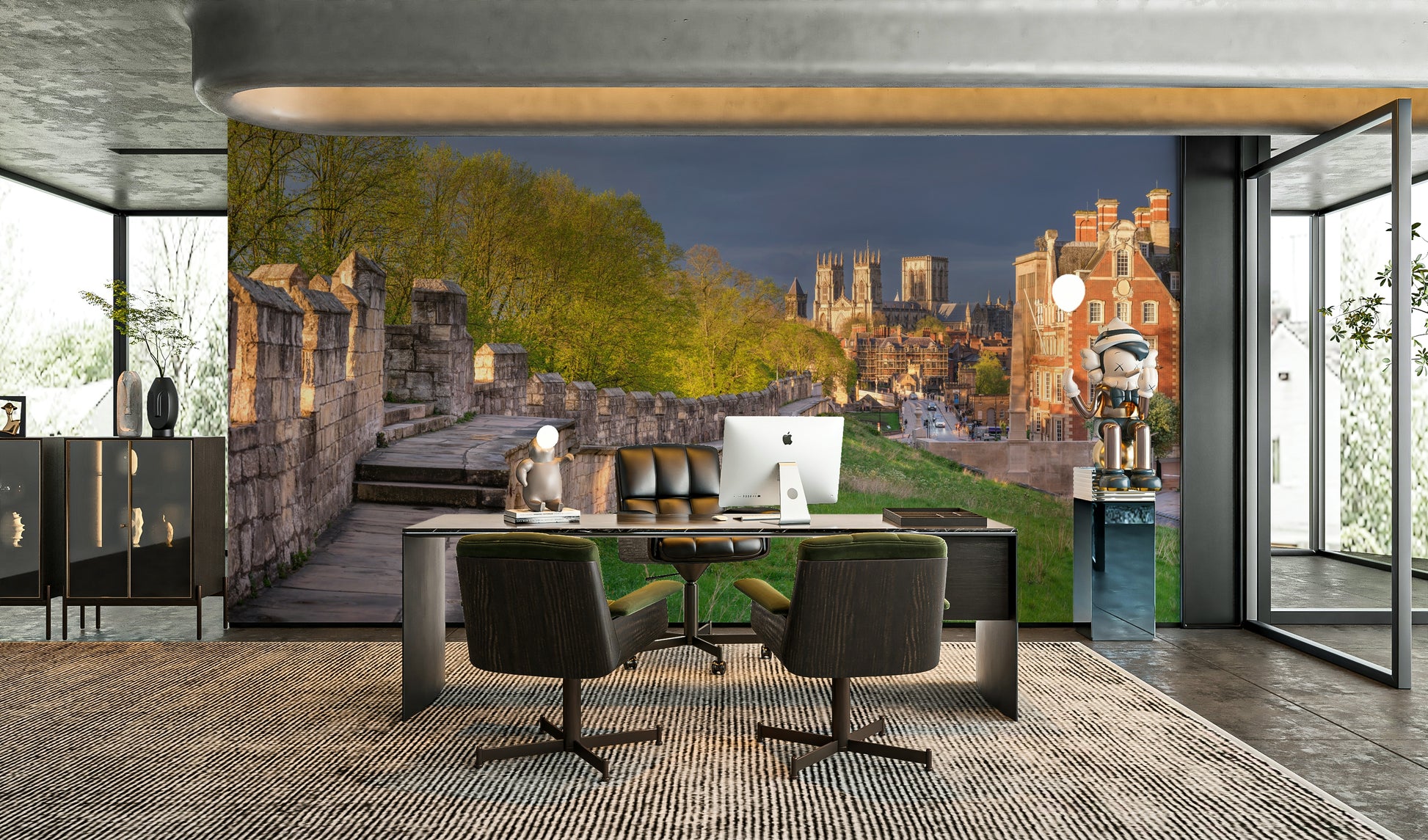 A bedroom with the stone wall mural behind the headboard.

