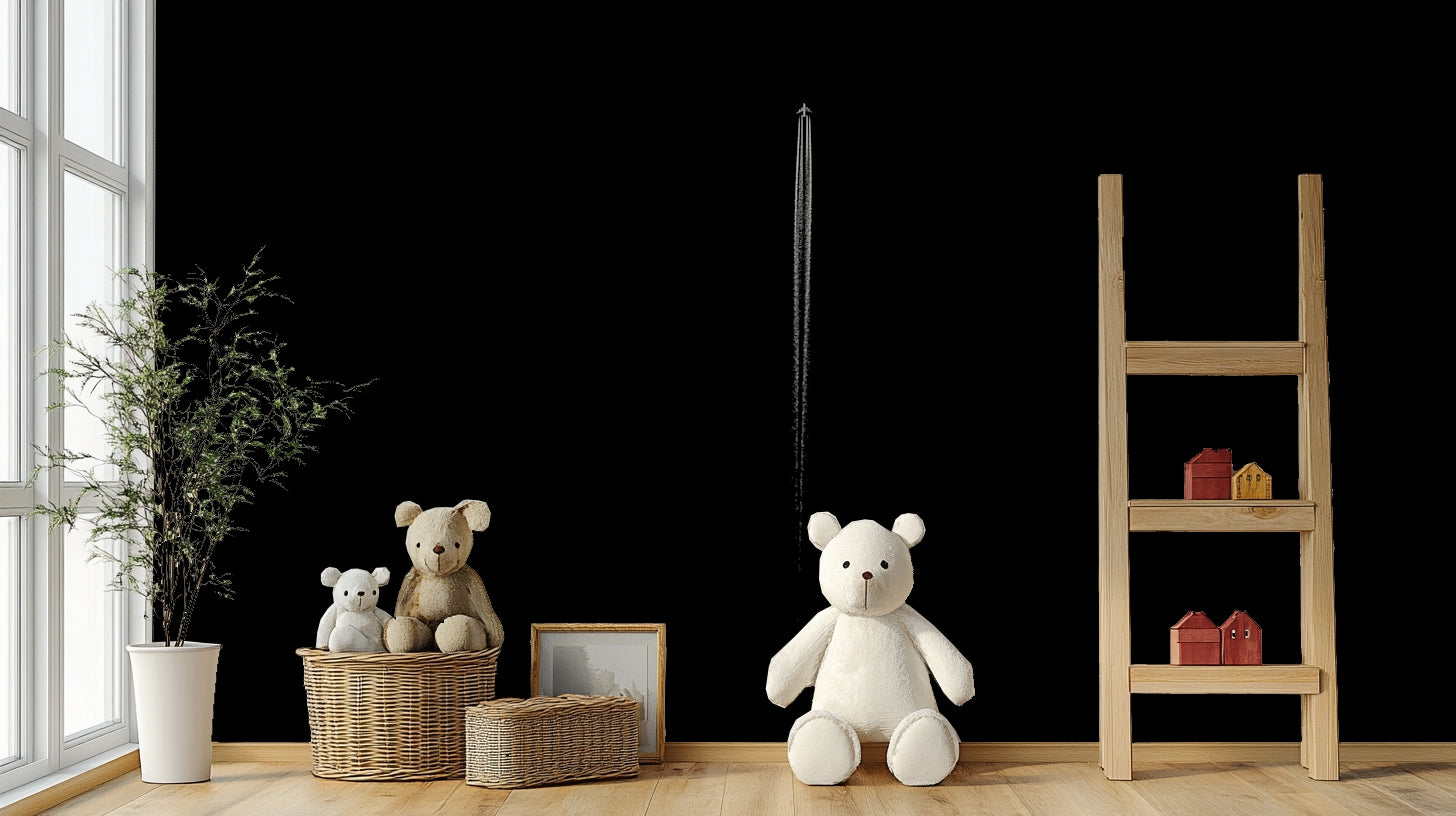 A bedroom with the black and white mural behind the headboard.


