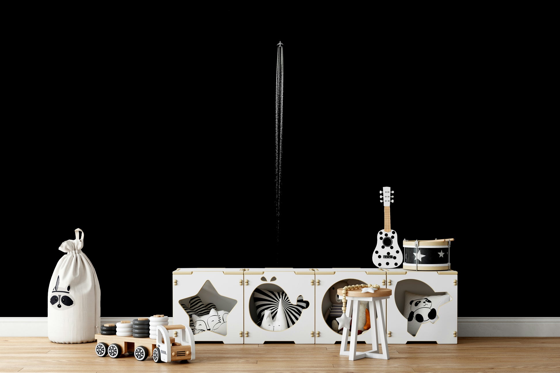 The wallpaper is used to create a feature wall in a dining room.

