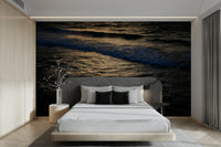 The wallpaper is used as a feature wall in a bedroom.

