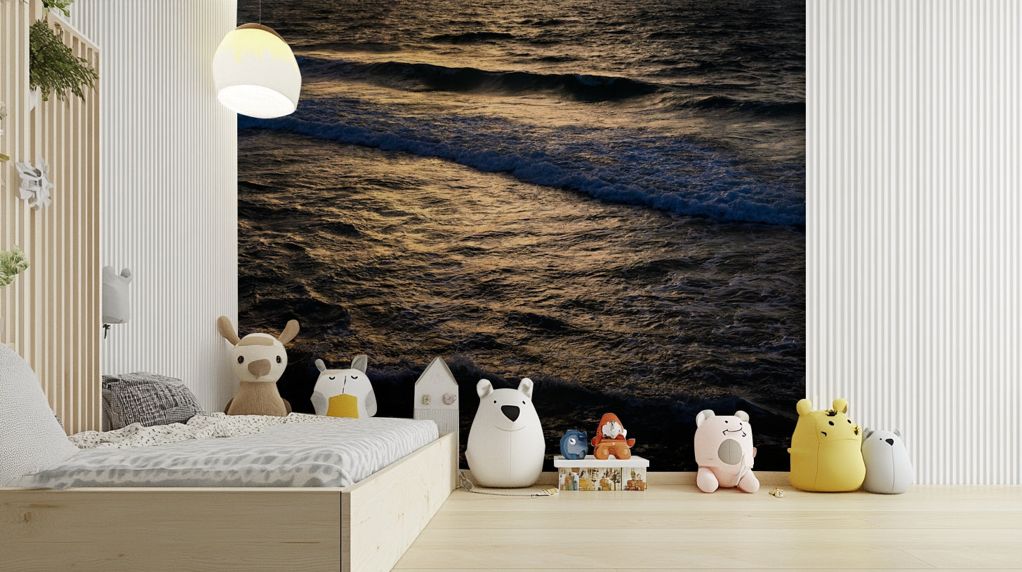 A minimalist interior with the ocean-themed wallpaper.

