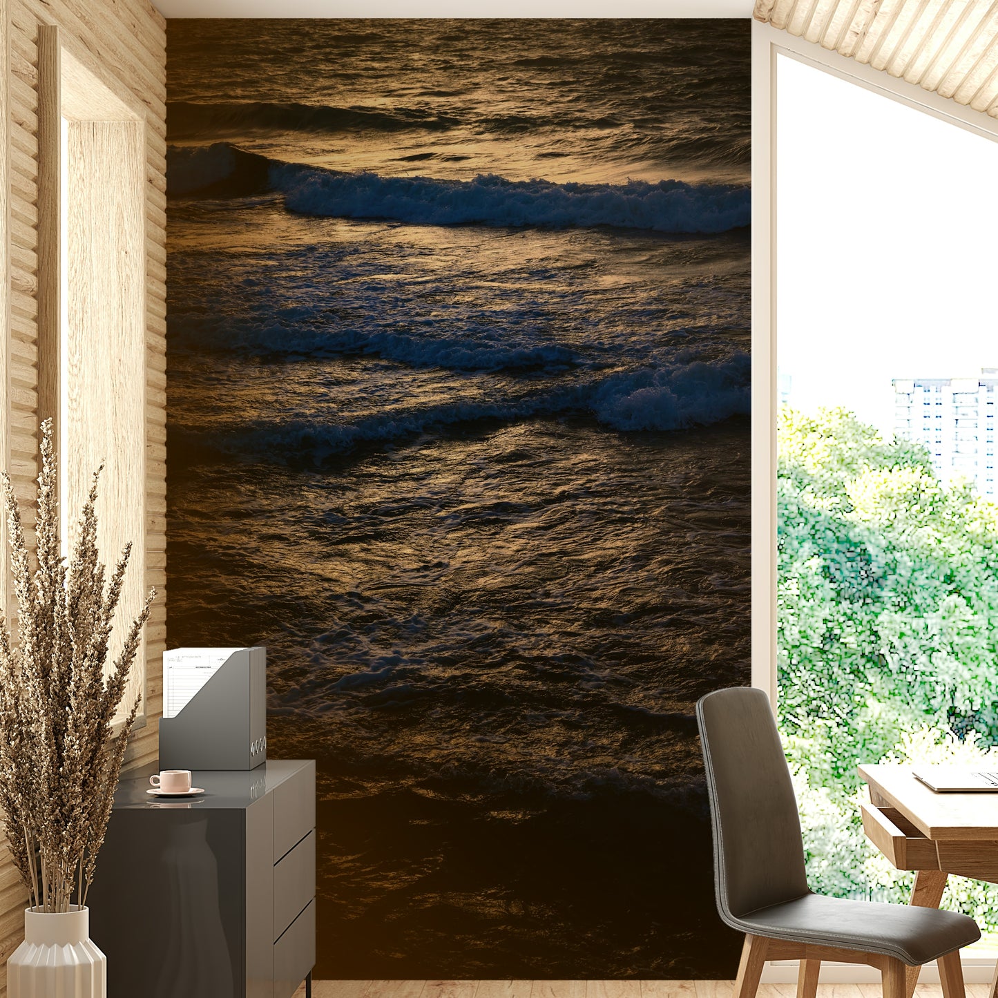 The wallpaper is used as a feature wall in a bedroom.

