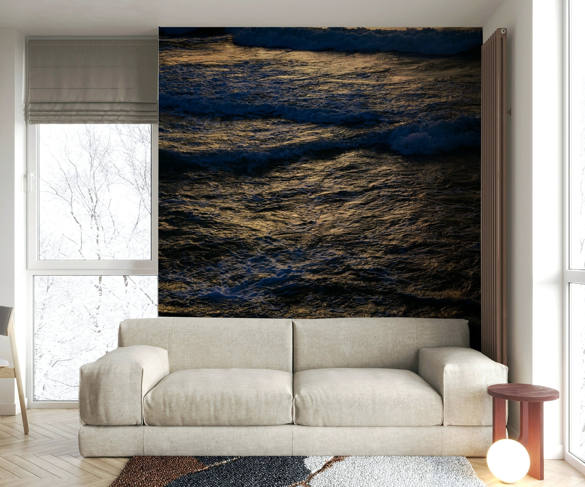 A close-up of the ocean water hitting the rugged rocks.

