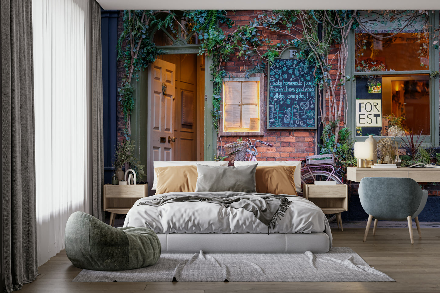 The peel and stick wallpaper showing realistic street textures.

