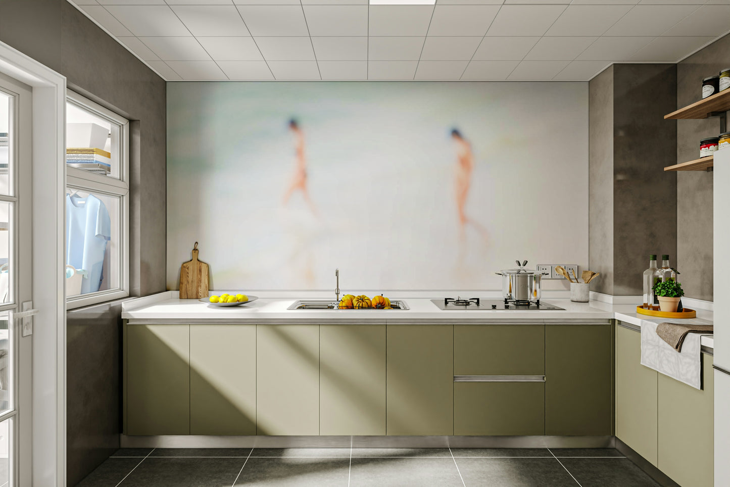 A high-angle view of the wall mural with natural light.

