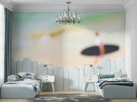 The wallpaper is used as a feature wall in a bedroom.

