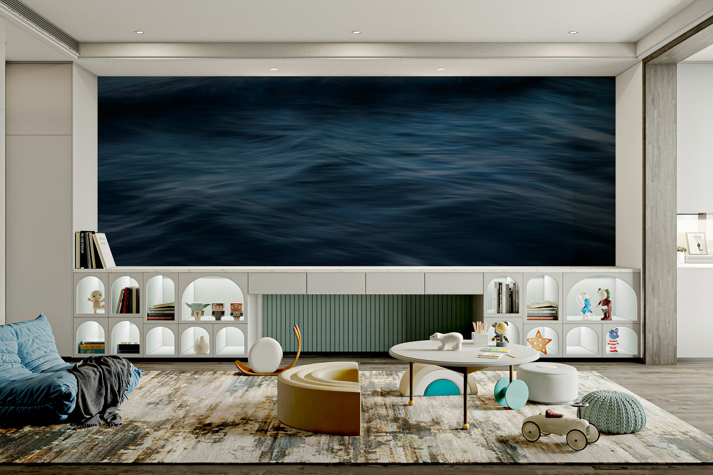 The wallpaper is used to create a feature wall in a dining room.

