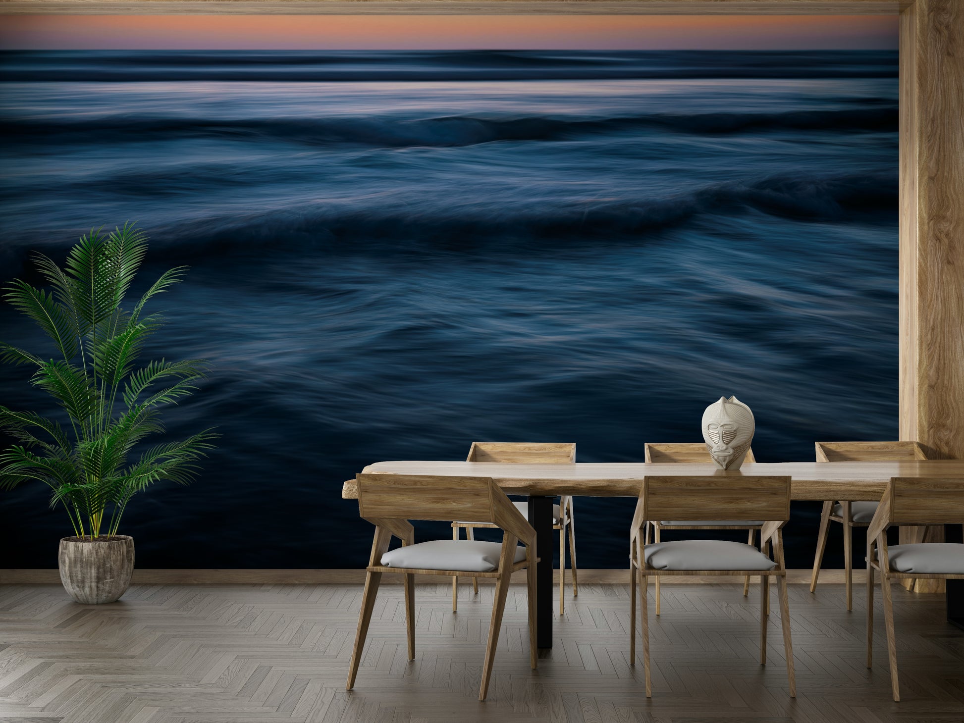 A high-angle view of the wall mural in a large space.

