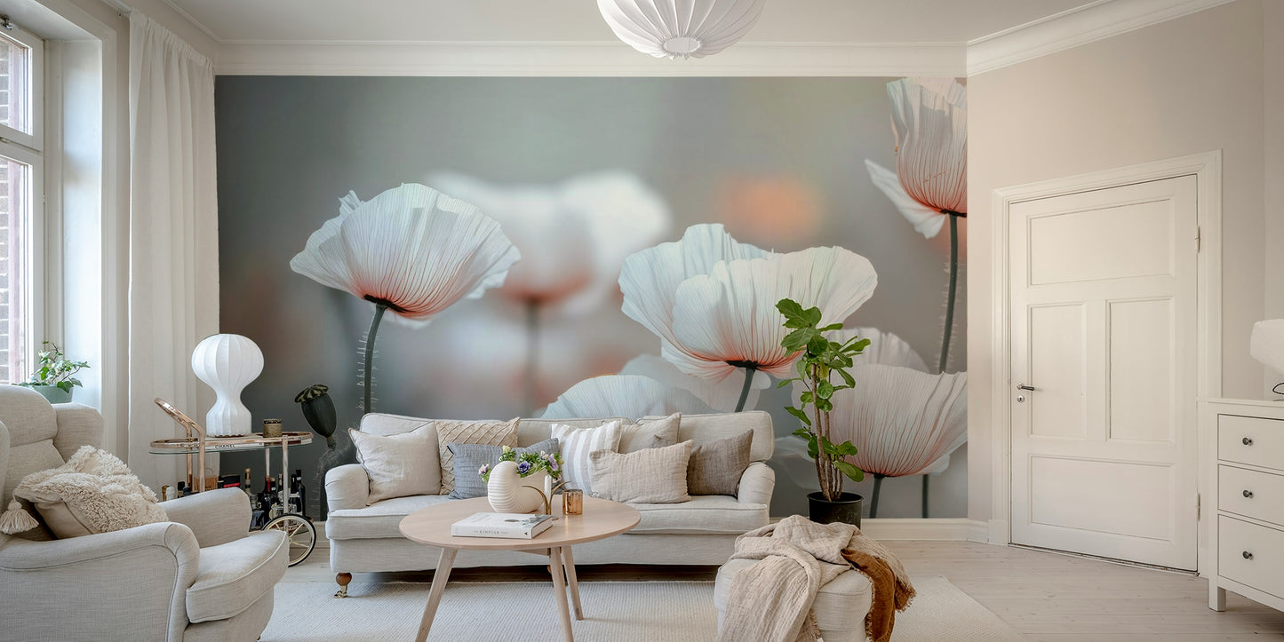 A graceful subtle poppy wall mural in soft tones.

