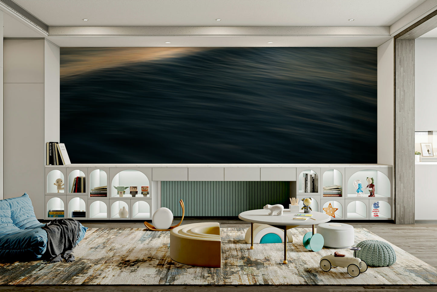 A contemplative wave texture wallpaper mural for a feature wall.

