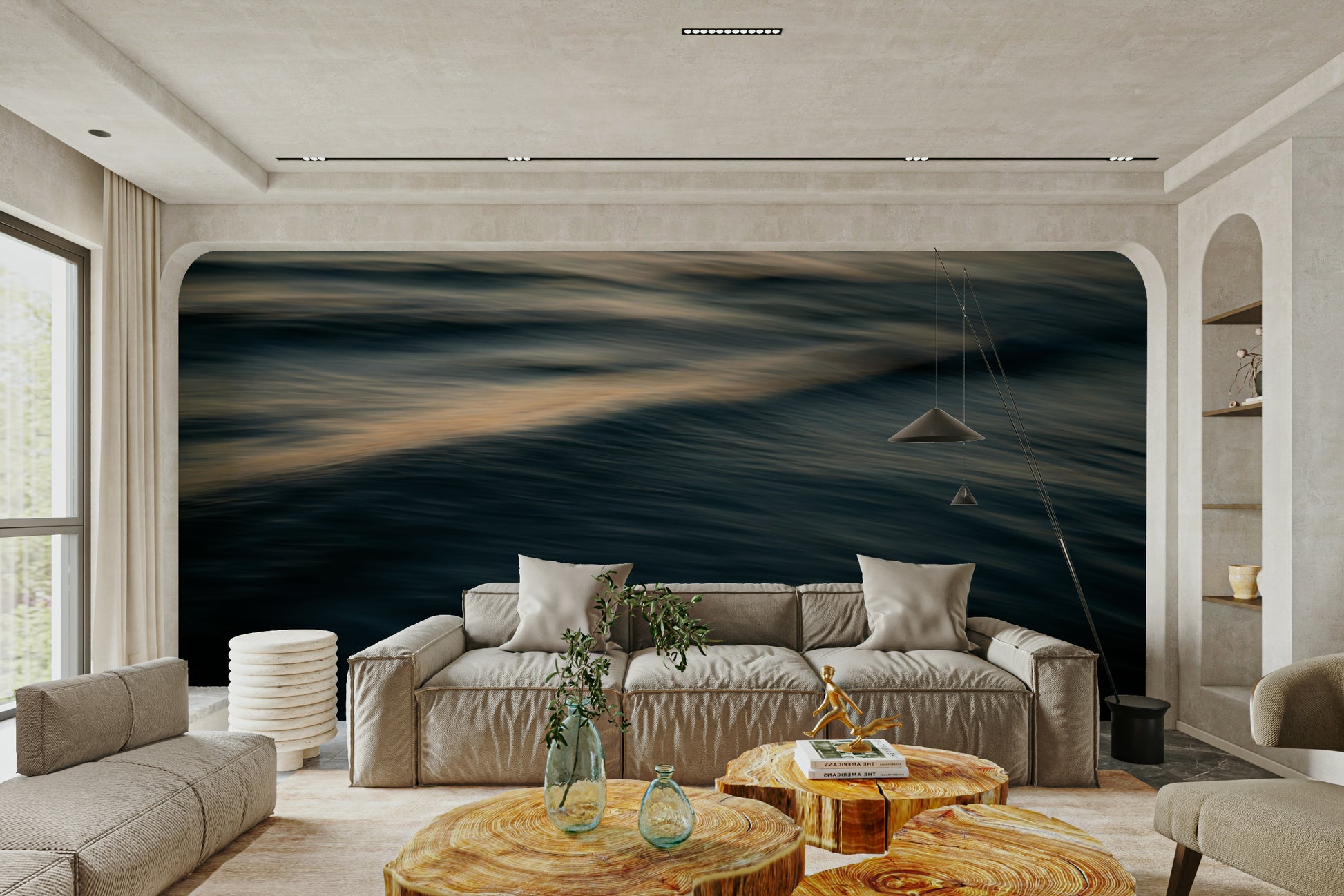 An artistic coastal scene mural on minimalist wallpaper.

