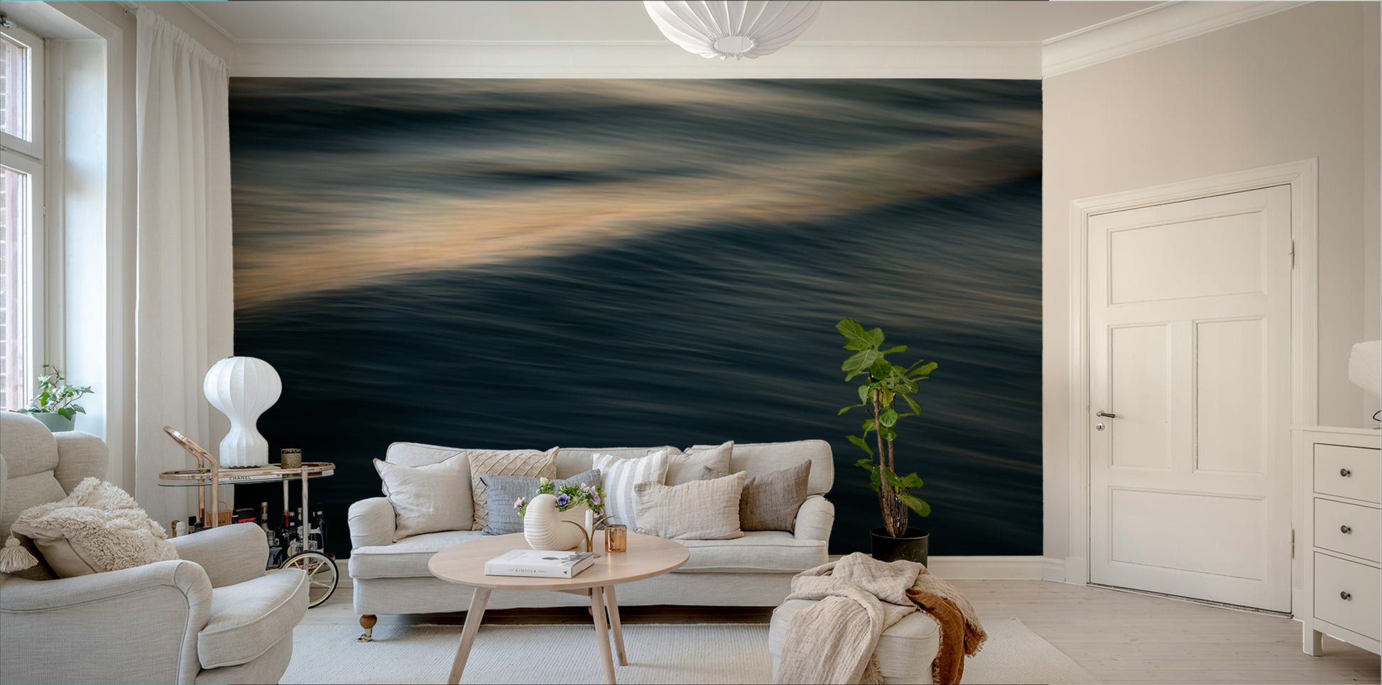 A beautiful abstract ocean wall mural for a living room.

