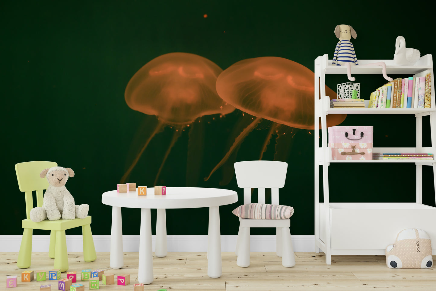 An artistic coral reef mural on minimalist wallpaper.

