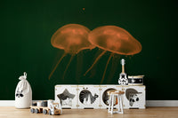 A peaceful underwater world mural on decorative wallpaper.

