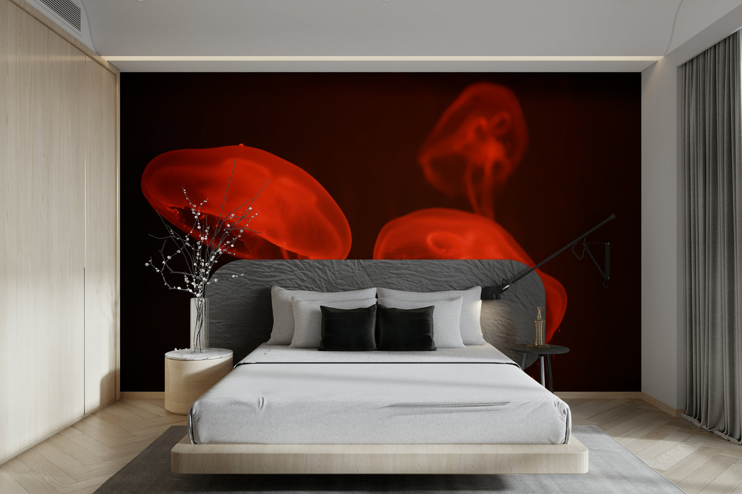 A peaceful ocean theme mural on decorative wallpaper.

