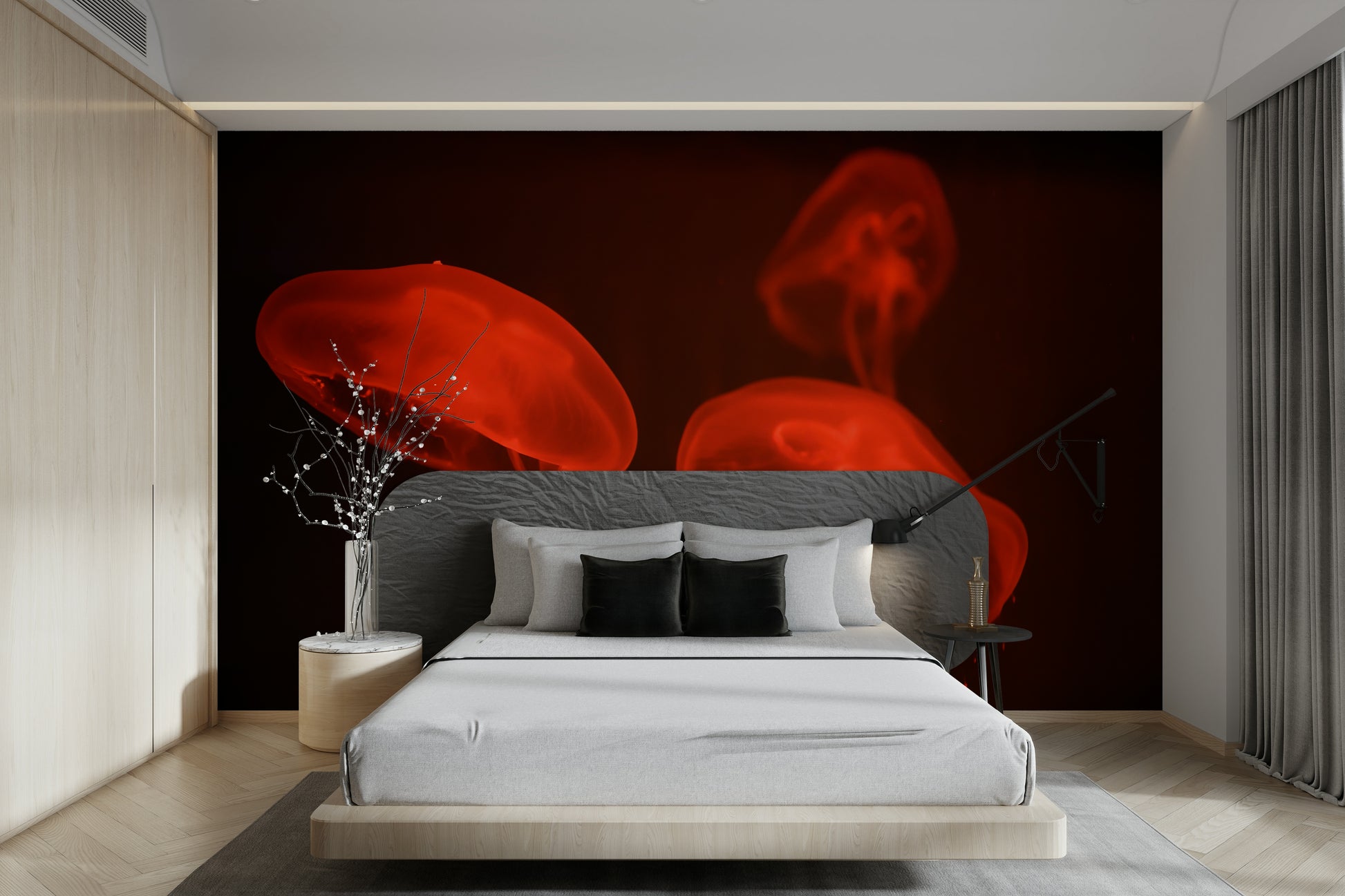 A peaceful ocean theme mural on decorative wallpaper.

