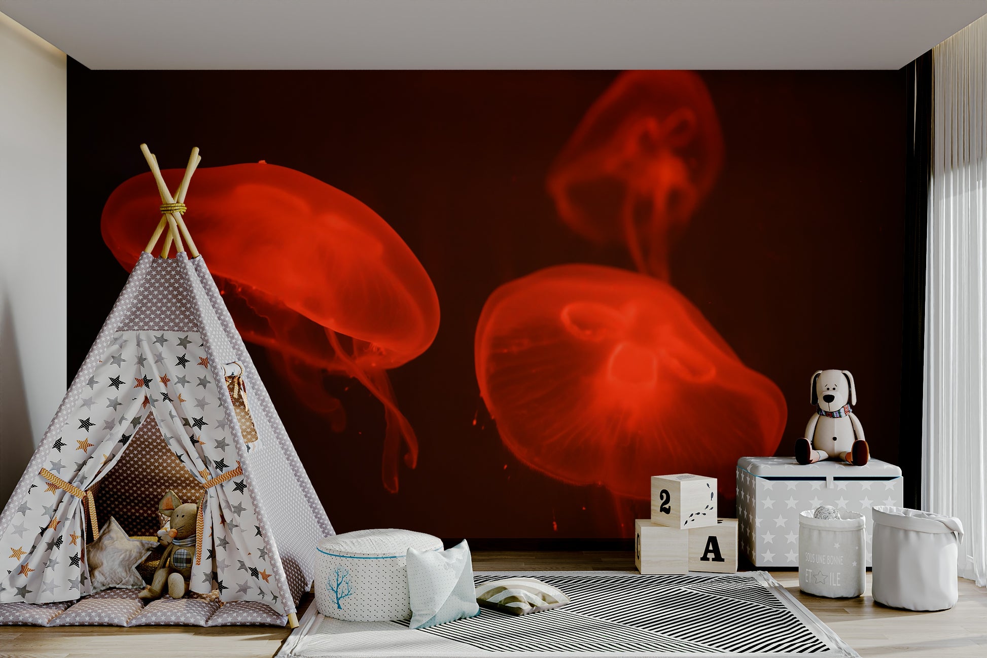 A beautiful deep sea scene wall mural for a living room.

