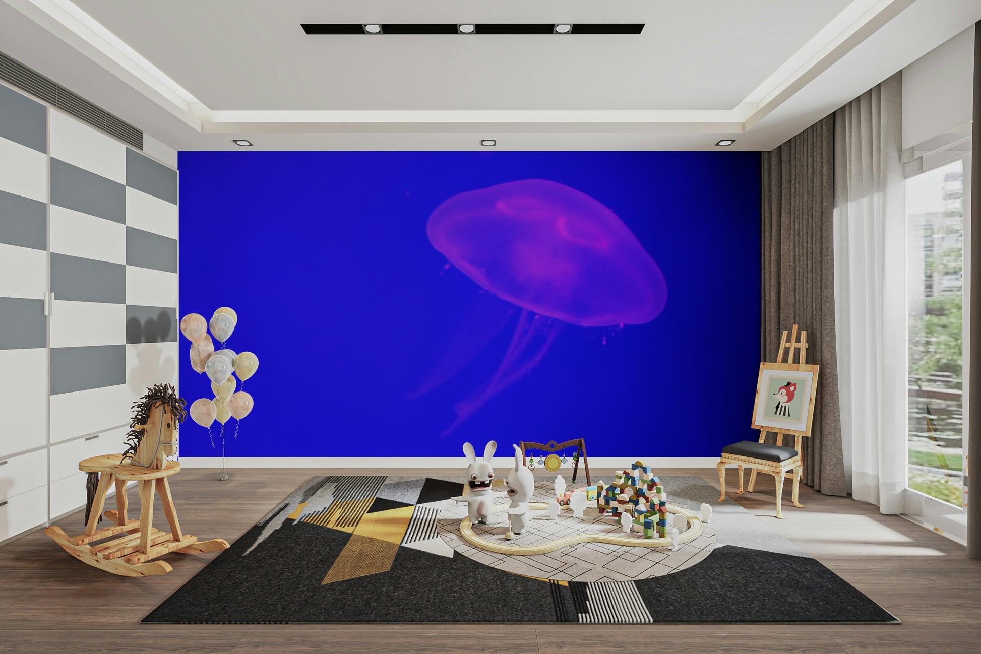 A peaceful underwater view mural on decorative wallpaper.


