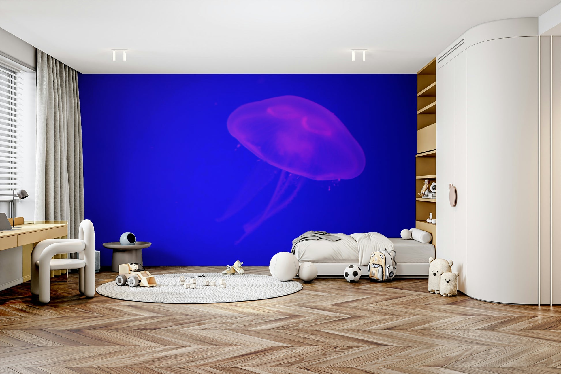 An artistic coral reef mural on minimalist wallpaper.

