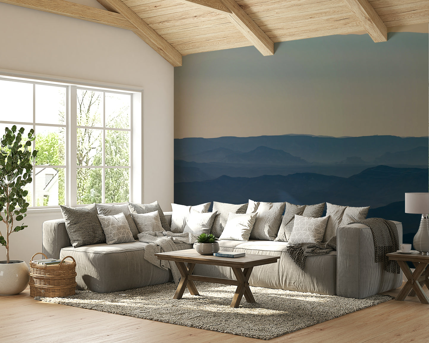 A peaceful crater view mural on decorative wallpaper.

