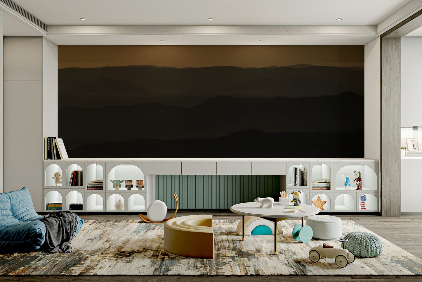 An artistic desert crater mural on scenic wallpaper.

