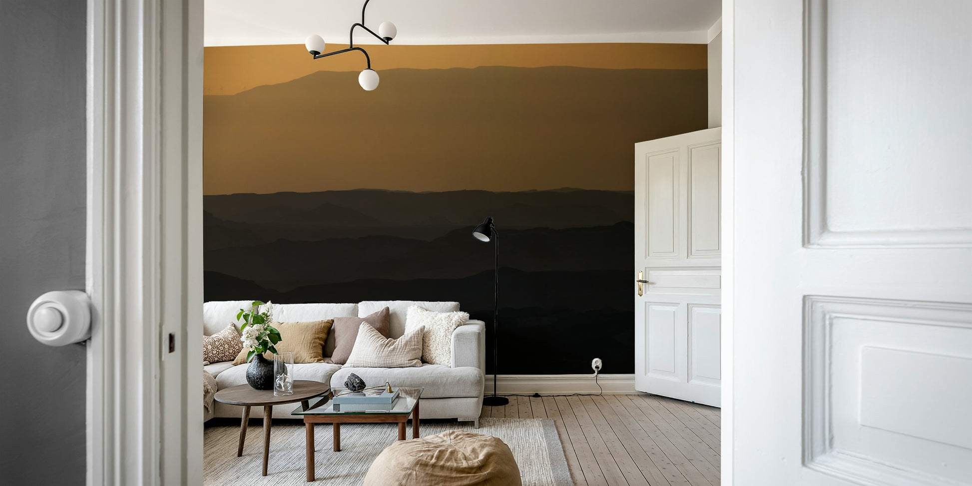 A peaceful crater view mural on decorative wallpaper.

