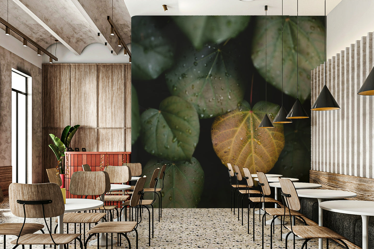 A minimalist interior with the winter leaves wallpaper.

