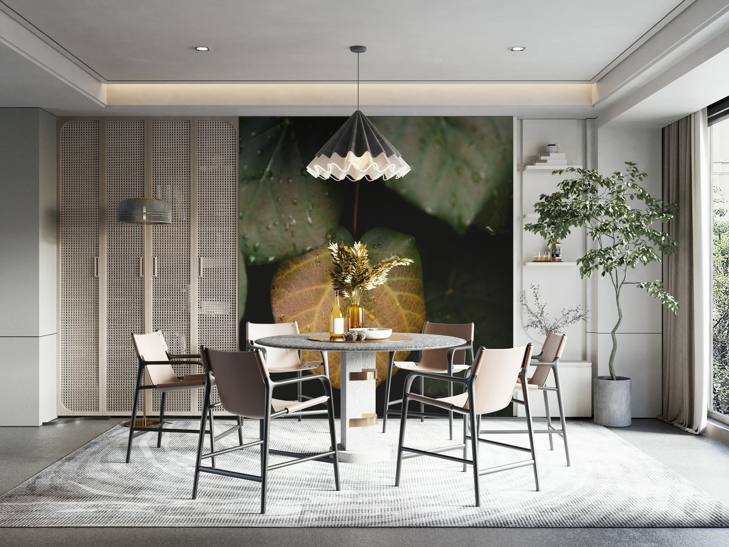 A living room featuring the winter leaves wall mural.

