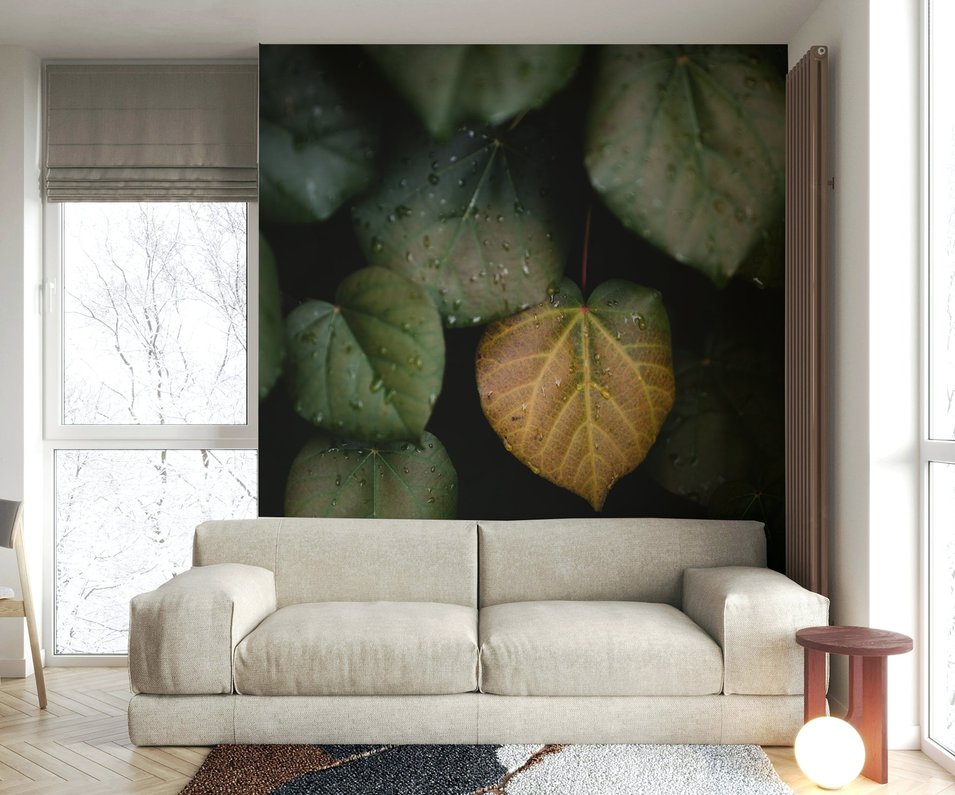 The peel and stick wallpaper showing realistic nature textures.

