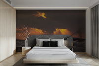 The wallpaper is used as a feature wall in a bedroom.

