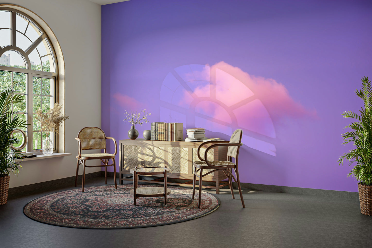 A high-angle view of the wall mural in a large space.

