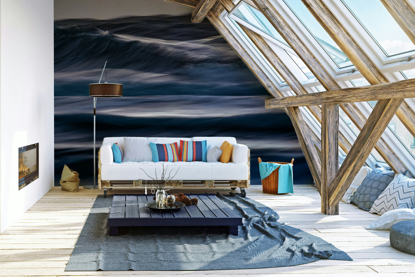 A contemporary living room with a large ocean wave wall mural.

