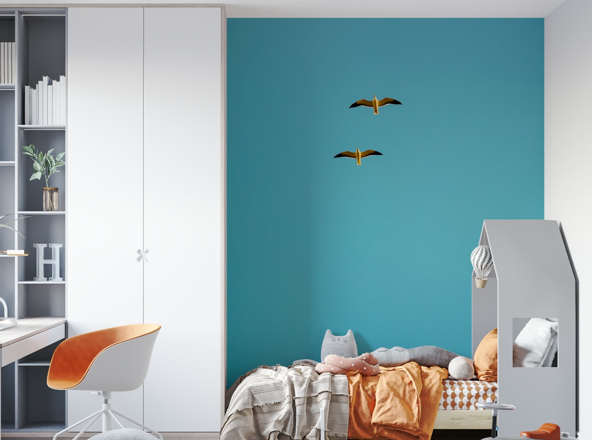 The wallpaper is used as a feature wall in a bedroom.

