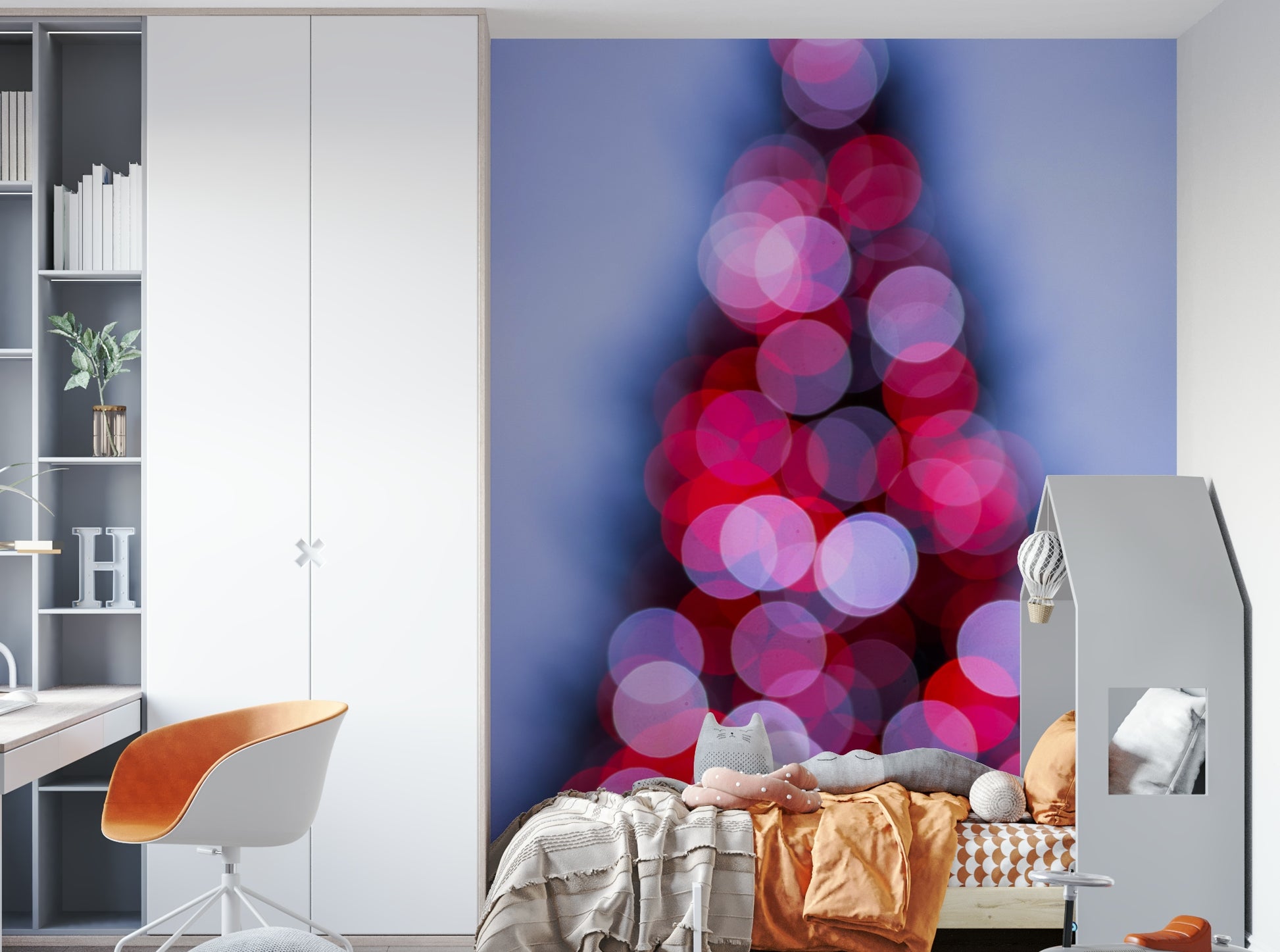 A high-angle view of the wall mural in a large space.

