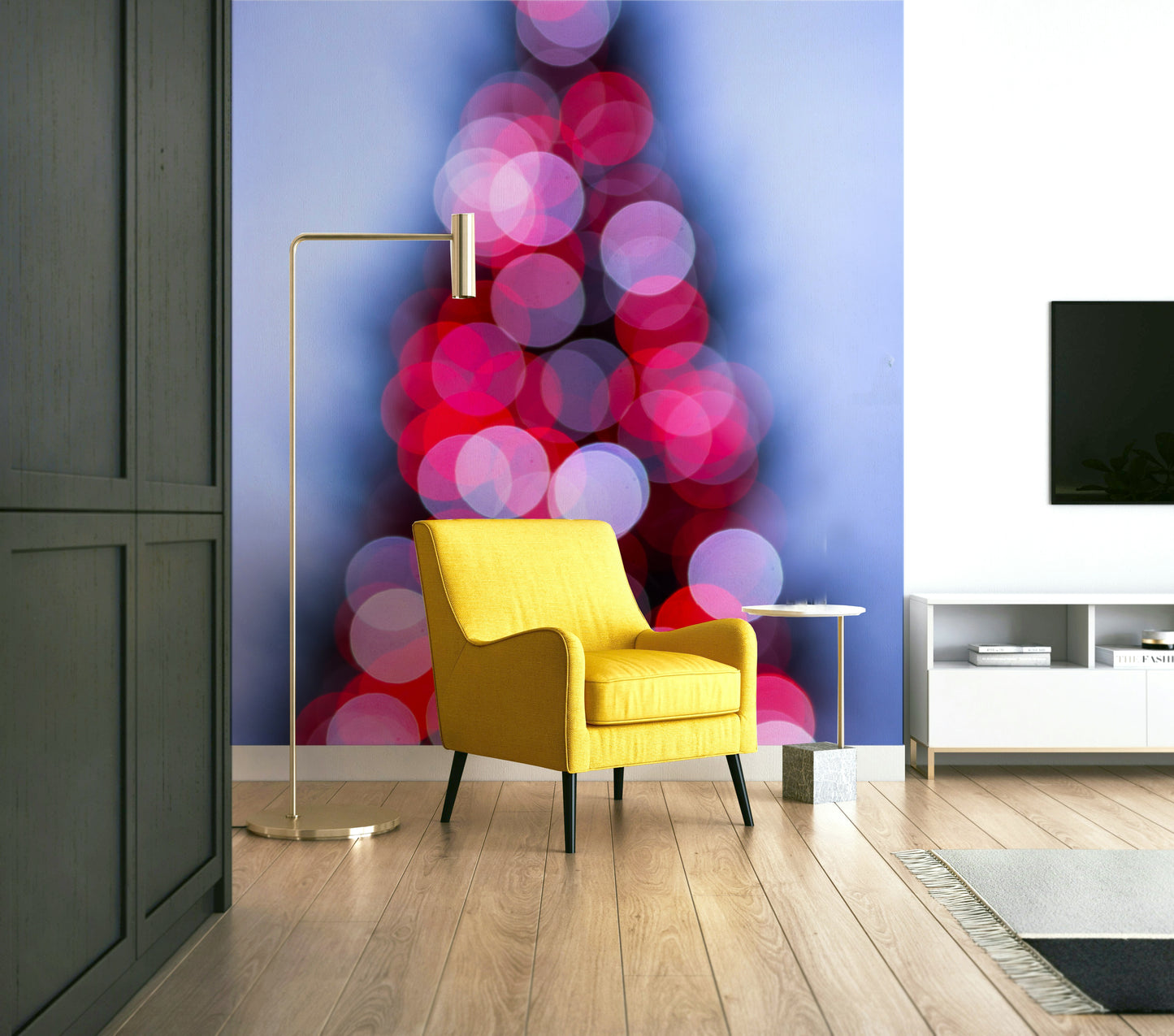 A close-up of the bright Christmas lights and decorations.

