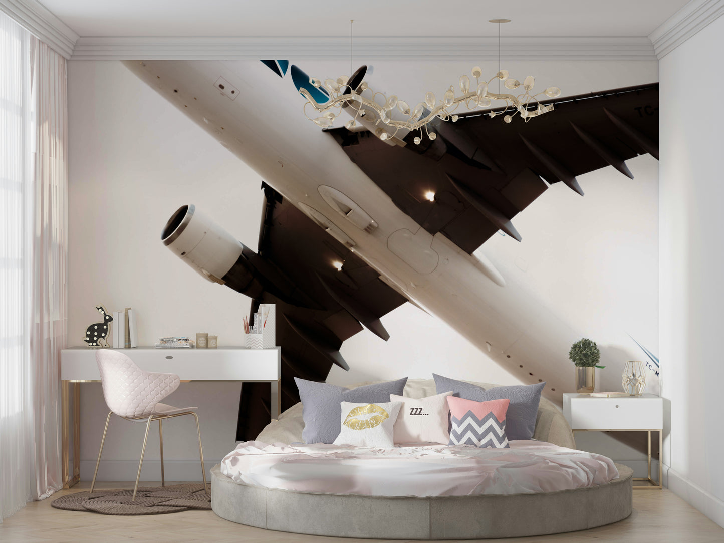 A high-angle view of the wall mural in a large space.

