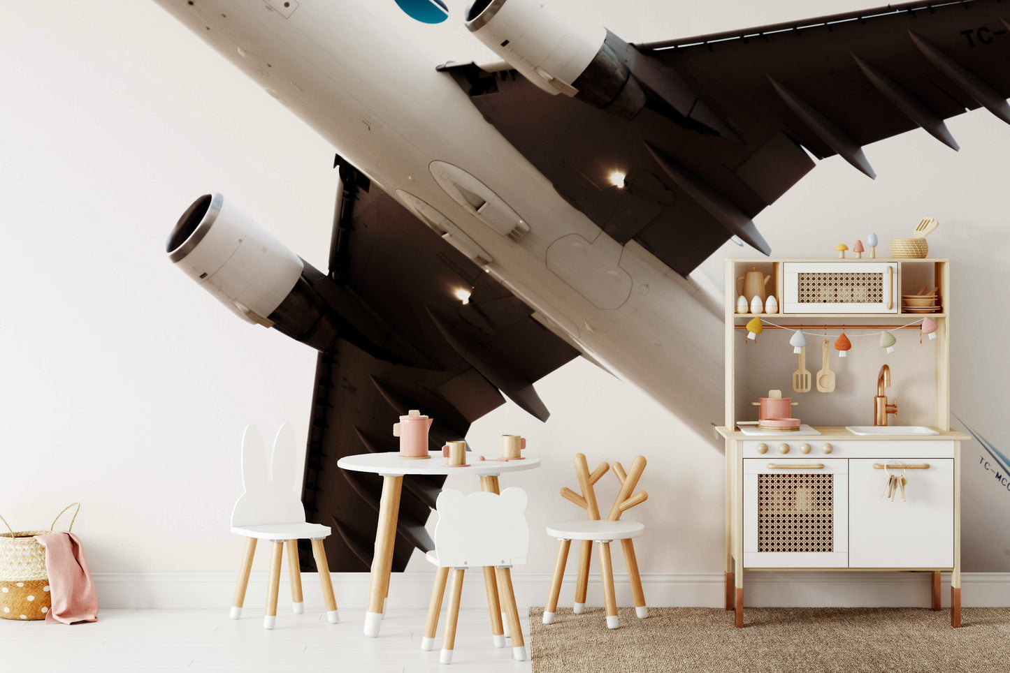 The wallpaper is used as a feature wall in a bedroom.

