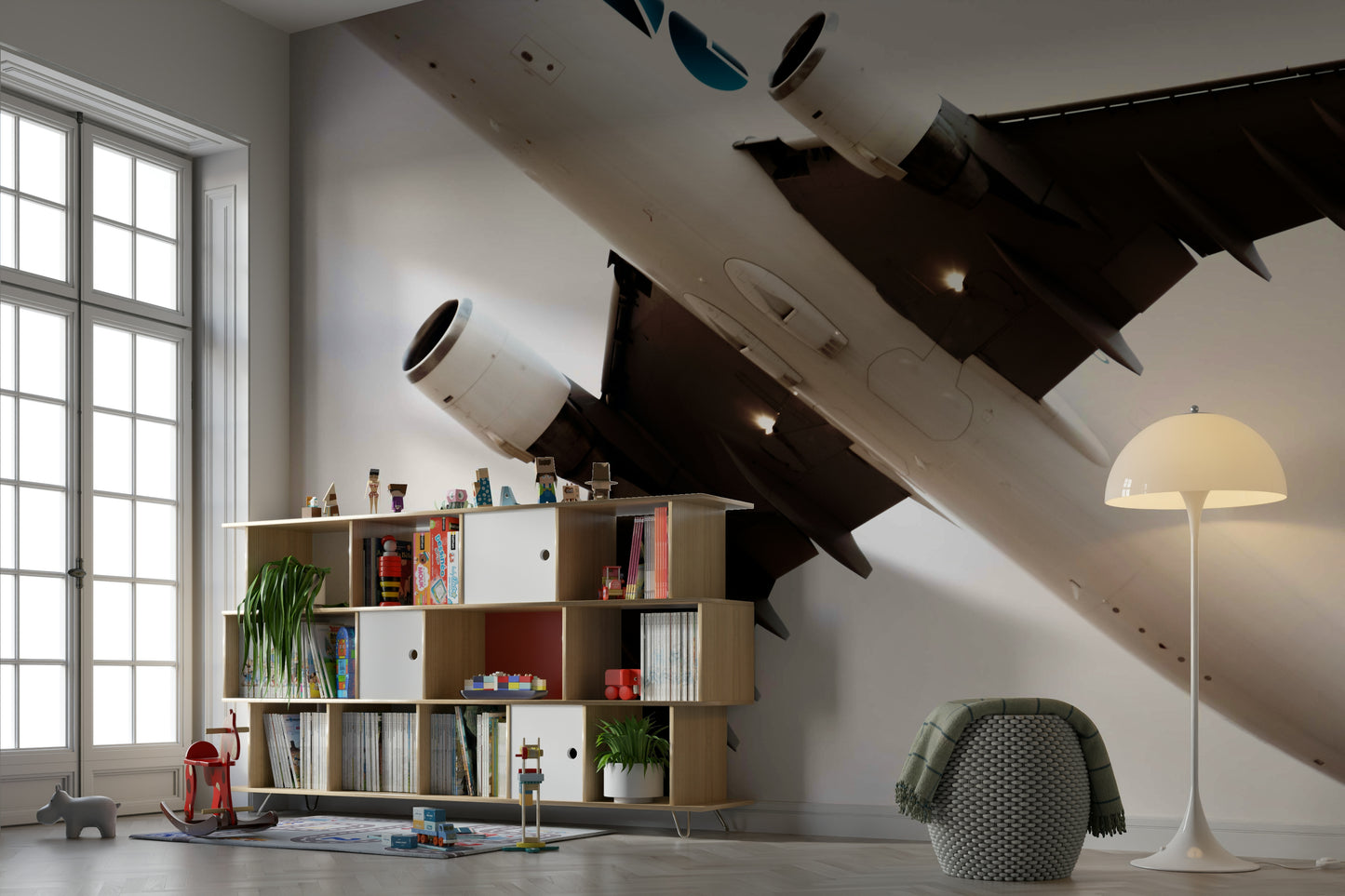 A living room featuring the overhead wall mural.

