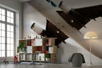 A living room featuring the overhead wall mural.

