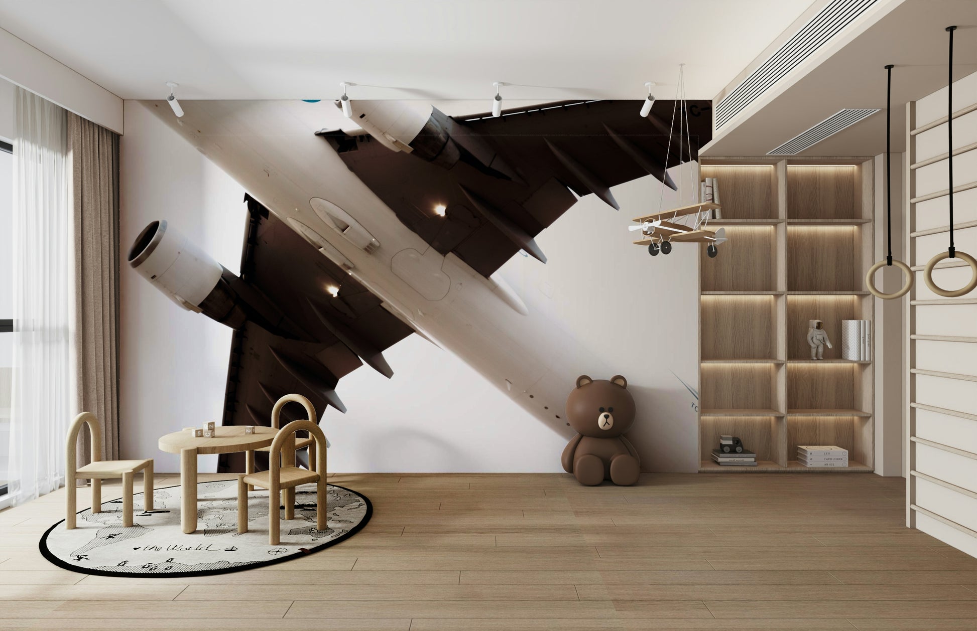 A minimalist interior with the overhead-themed wallpaper.

