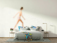 An artistic seaside view mural on minimalist wallpaper.

